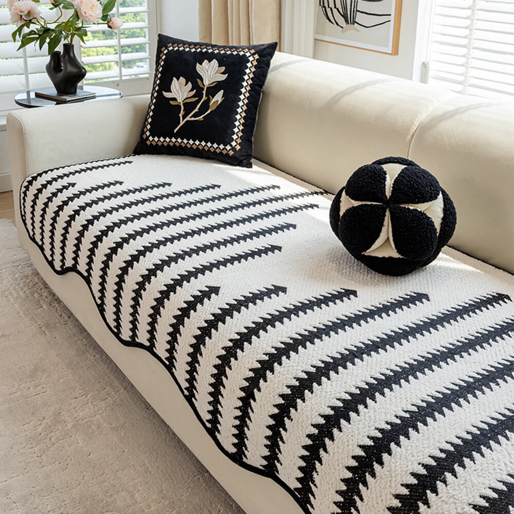 Modern Chevron Stripes Chenille Couch Cover with Wavy Edges