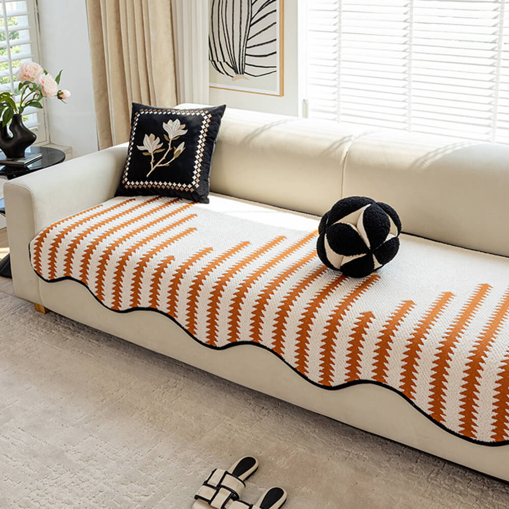Modern Chevron Stripes Chenille Couch Cover with Wavy Edges