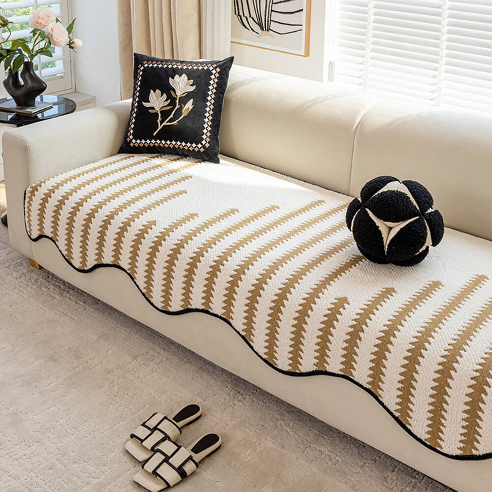 Modern Chevron Stripes Chenille Couch Cover with Wavy Edges